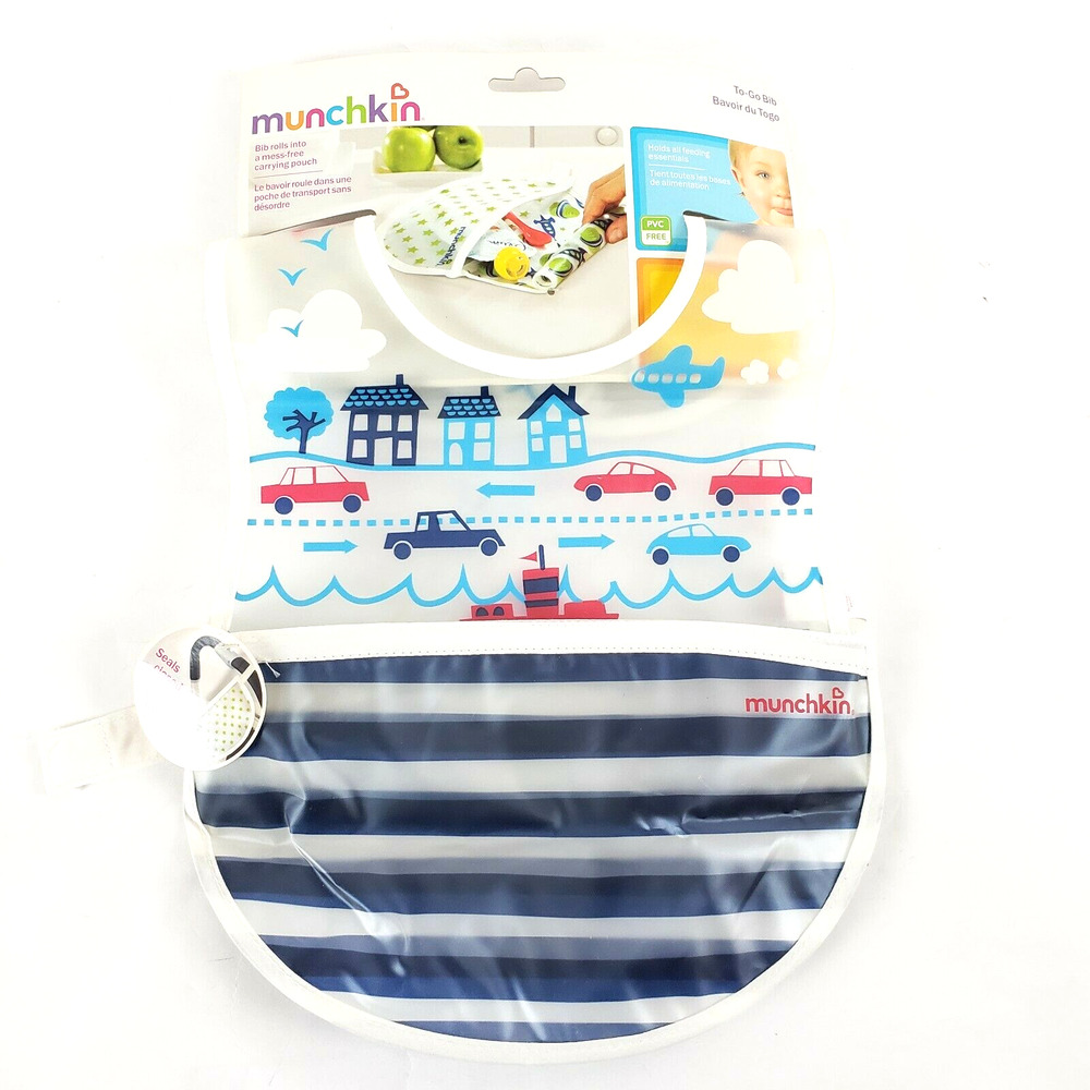 NEW!! Munchkin Bib To Go Planes Boats Cars Roll Up Reusable Travel Bib Boys